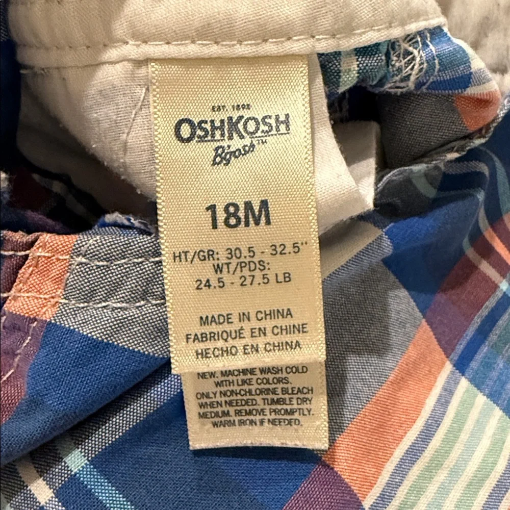 OshKosh B’gosh Plaid Shortalls 18M Baby Boy Blue Cotton Summer Overalls